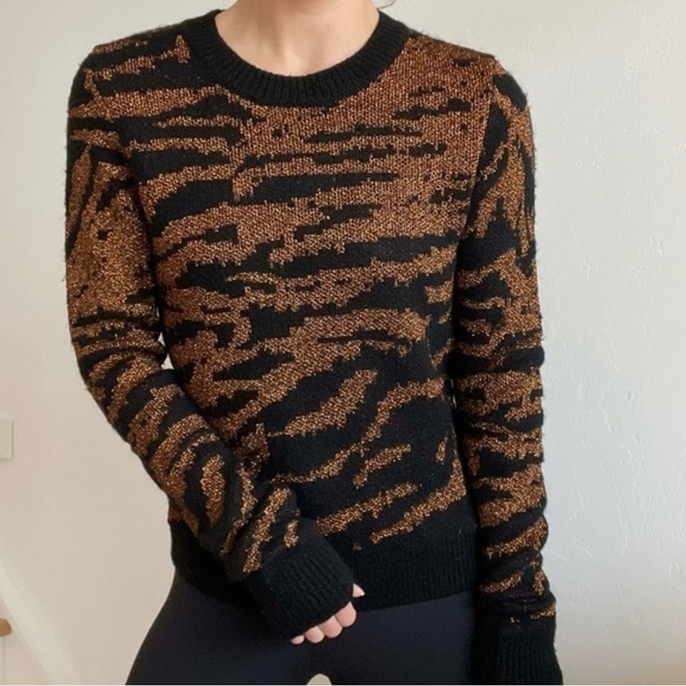 Pam & Gela Black and Brown Metallic Zebra Sweater, Size Small, Crew Neck‎